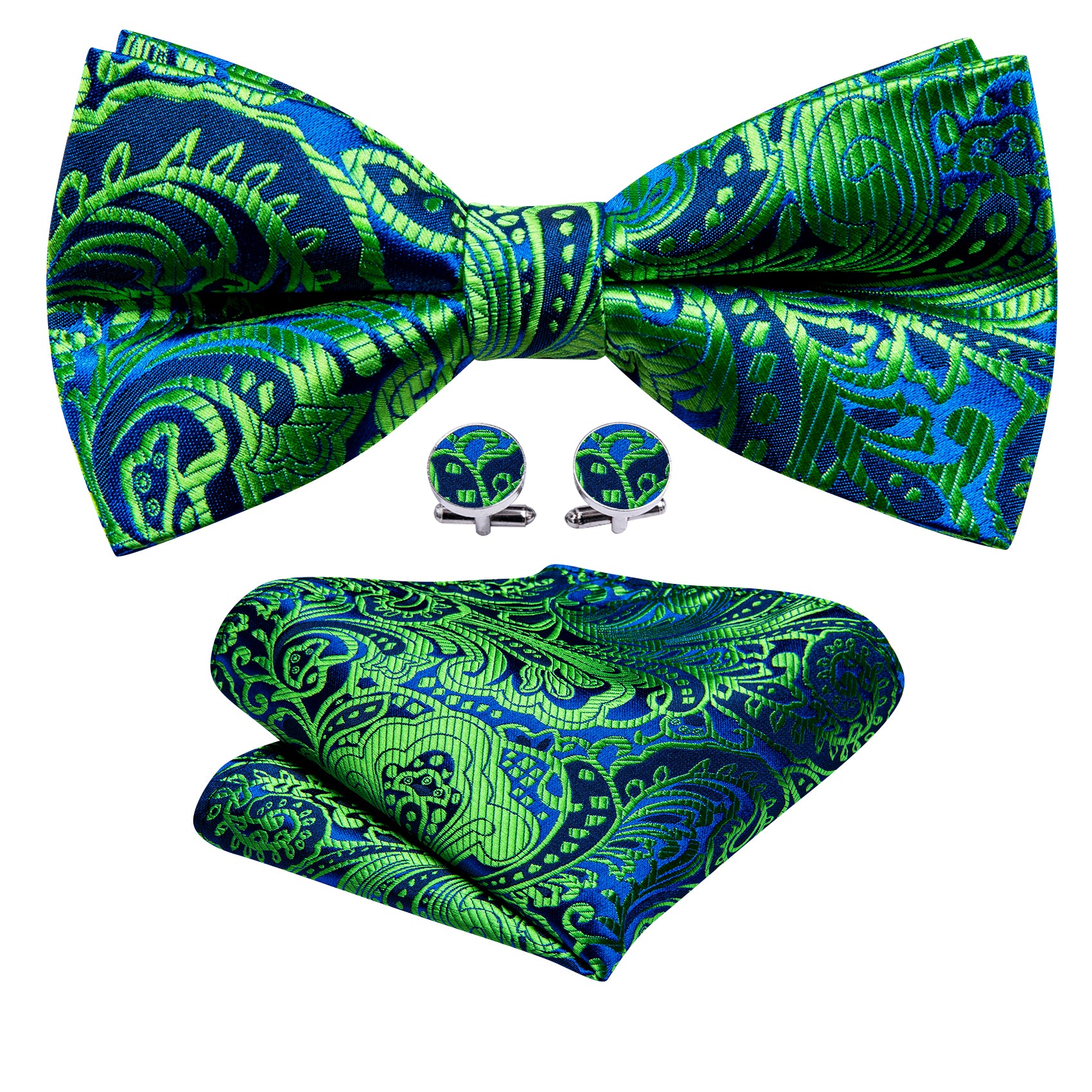 Barry. Wang Teal Bowtie Hanky Cufflinks Set Paisley Jacquard Pre-tied Bow Tie for Tuxedo Formal