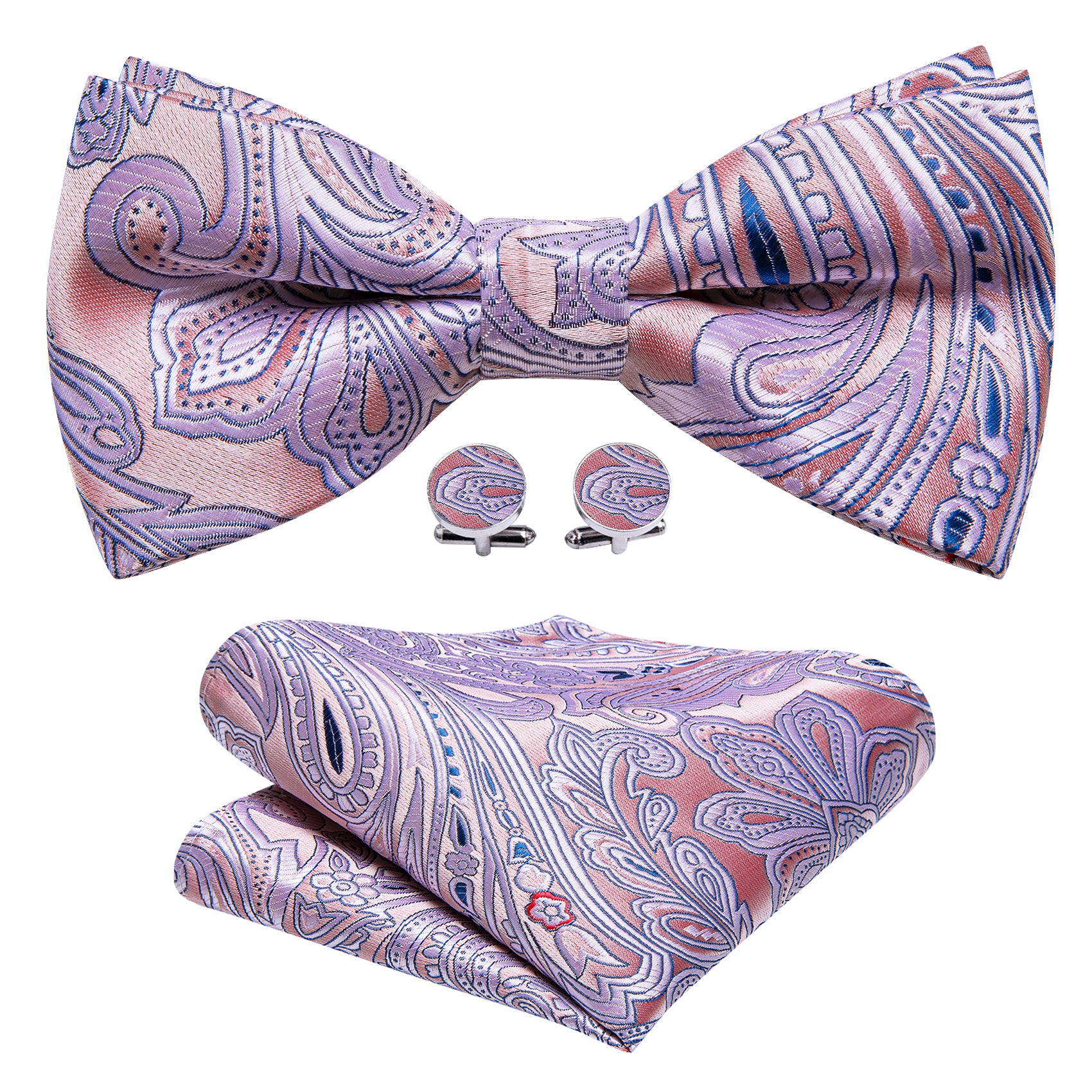 Barry. Wang Pink Bow Tie Set for Wedding Paisley Pre-tied Jacquard Bow Tie Hanky Cufflinks Set for Tuxedo