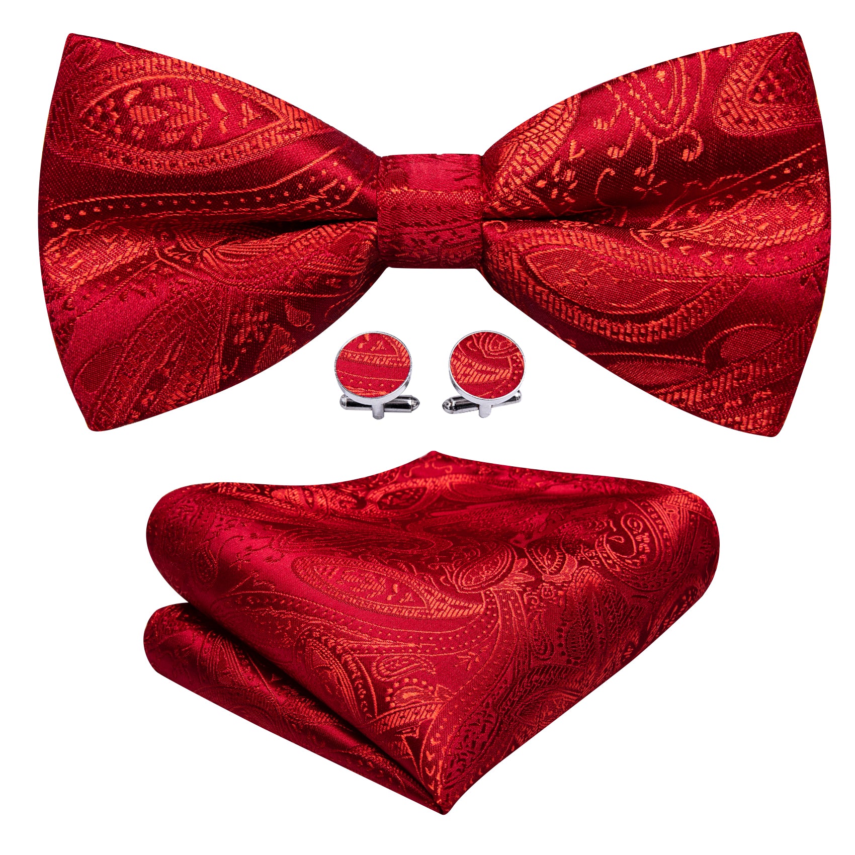 Barry. Wang Red Paisley Bow Tie Hanky Cufflinks Set Jacquard Formal Pre-tied Wedding Party Bow Tie