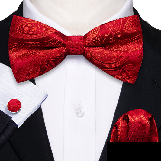 Barry. Wang Red Paisley Bow Tie Hanky Cufflinks Set Jacquard Formal Pre-tied Wedding Party Bow Tie