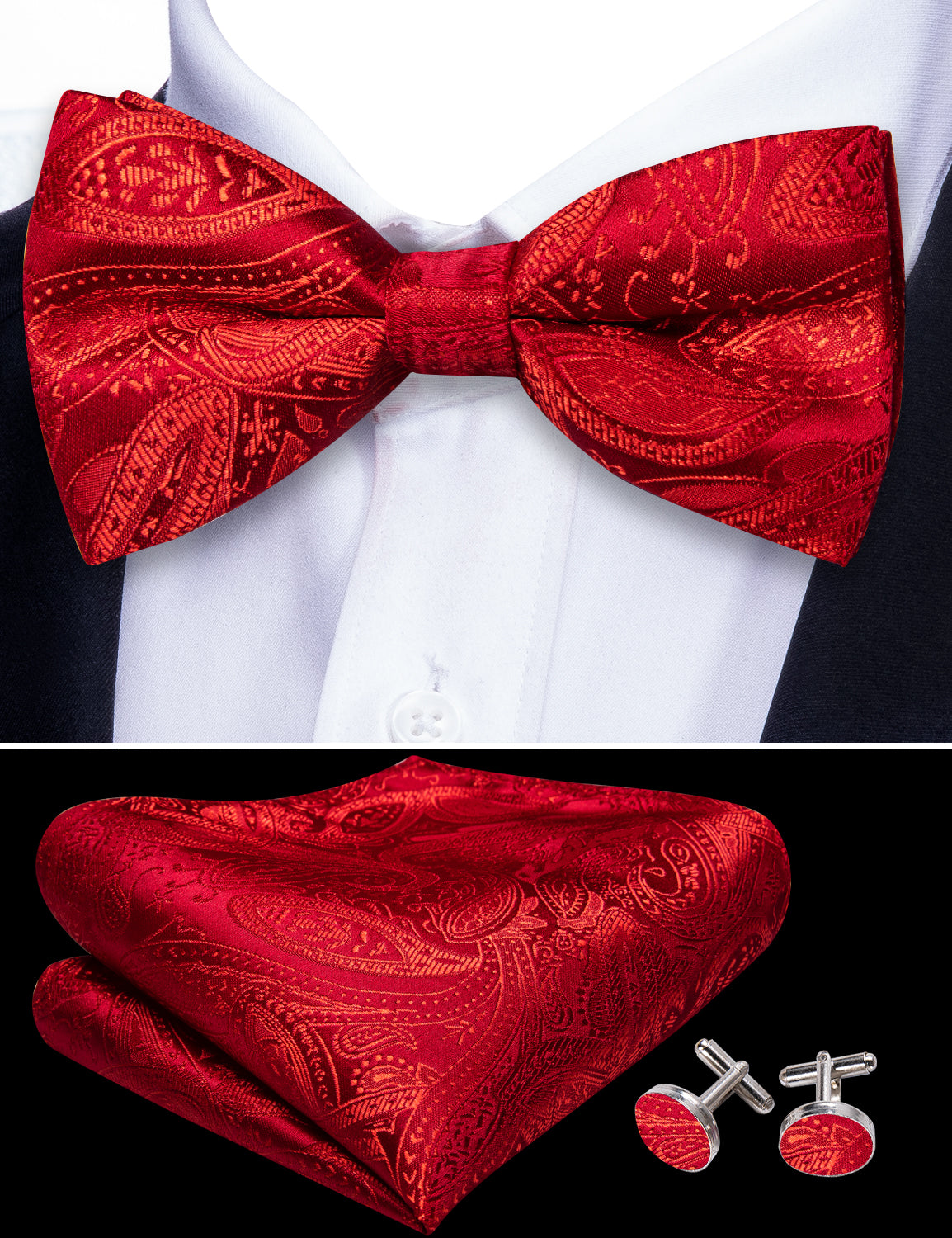 Barry. Wang Red Paisley Bow Tie Hanky Cufflinks Set Jacquard Formal Pre-tied Wedding Party Bow Tie
