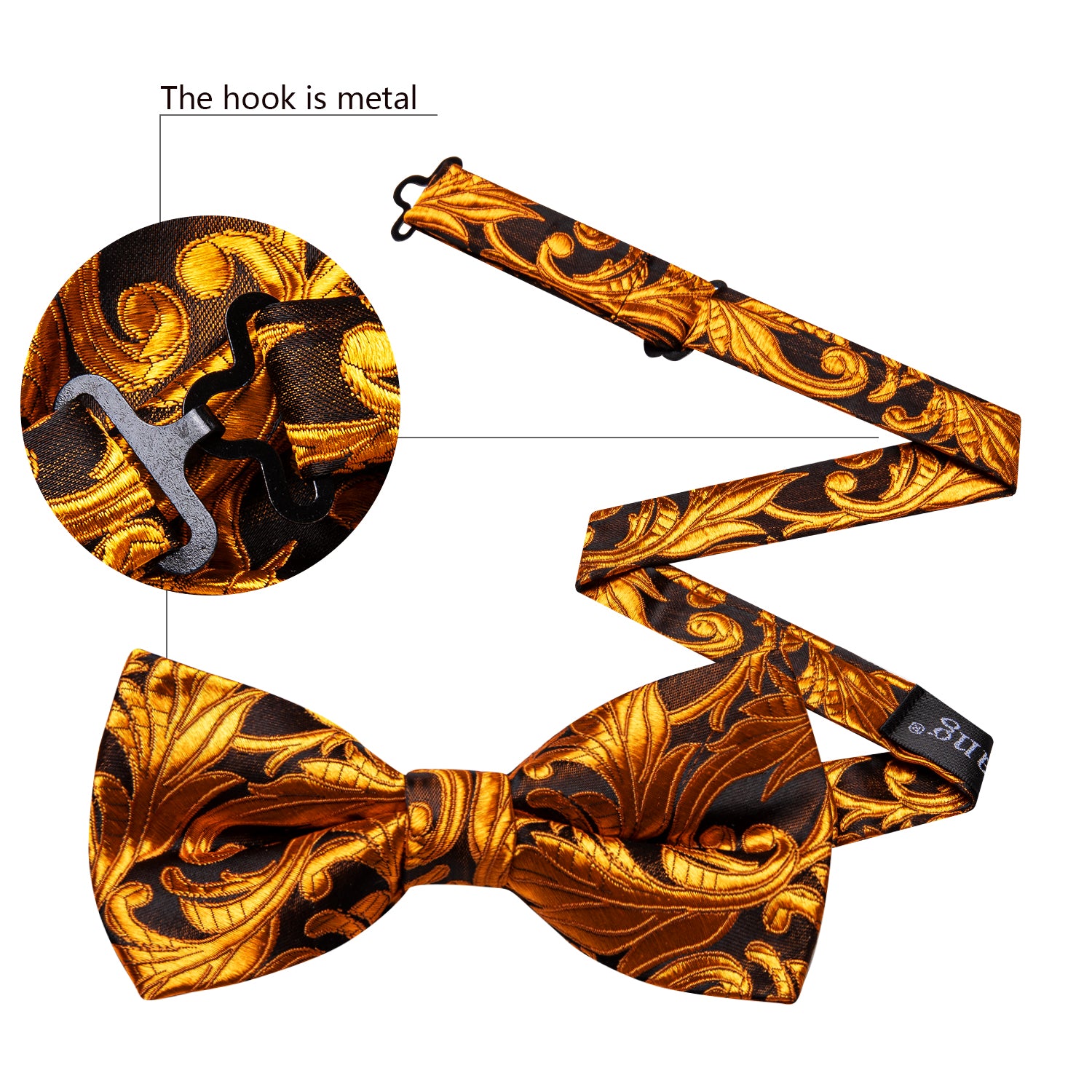 Gold Brown Floral Pre-tied Bow Tie Hanky Cufflinks Set