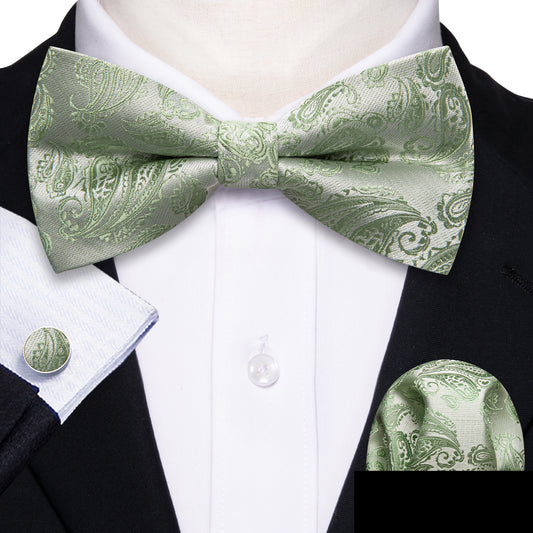 Barry. Wang Sage Green Bow Tie Hanky Cufflinks Set Paisley Silk Adjustable Bow Tie for Wedding
