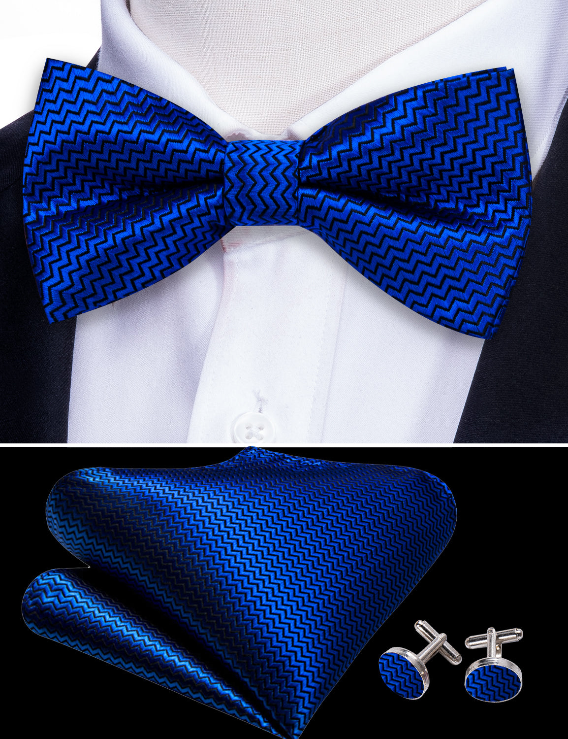 Barry. Wang Royal Blue Bowtie Hanky Cufflinks Set Silk Solid Adjustable Bow Tie for Party Tuxedo