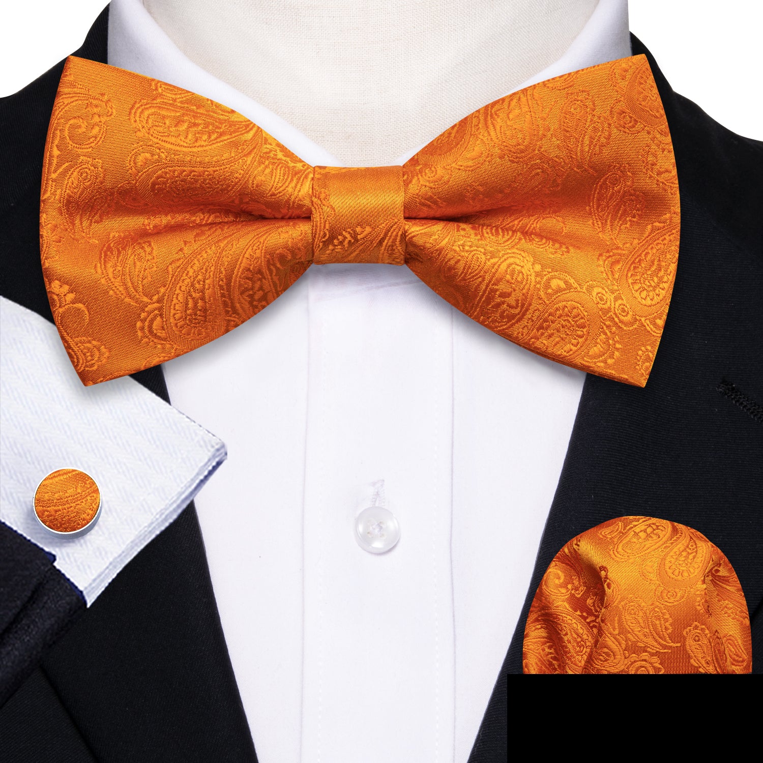 Orange Paisley Silk Bow Tie Hanky Cufflinks Set