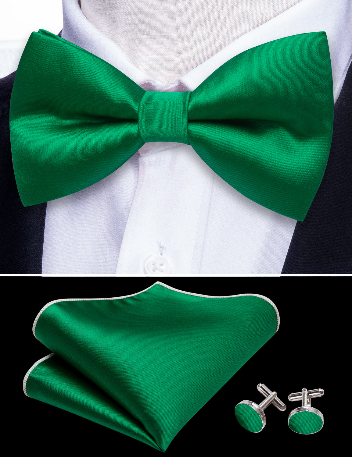 Grass Green Solid Silk Pre Tied Bow Tie Hanky Cufflinks Set