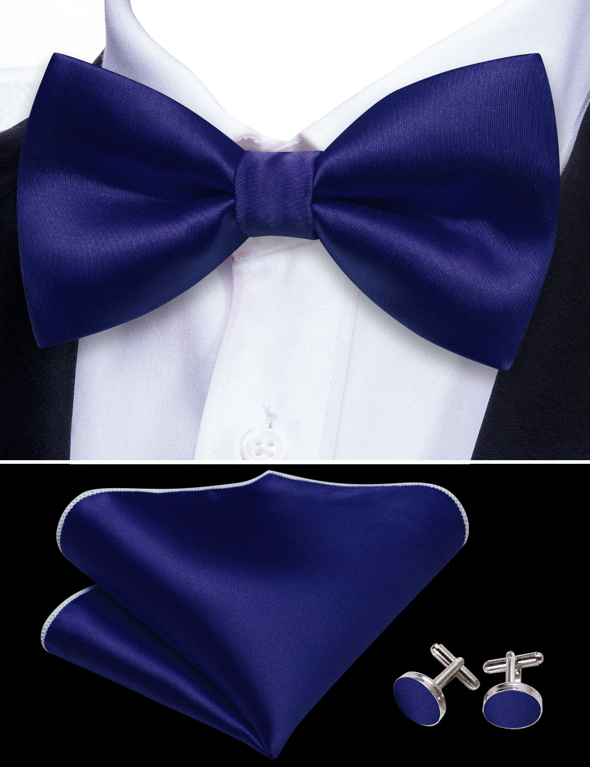 Cobalt Blue Solid Silk Pre Tied Bow Tie Hanky Cufflinks Set
