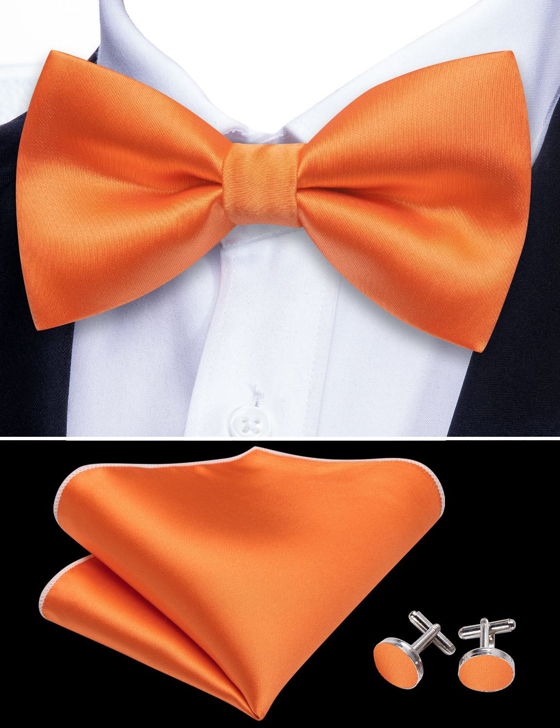 Orange Solid Silk Pre Tied Bow Tie Hanky Cufflinks Set
