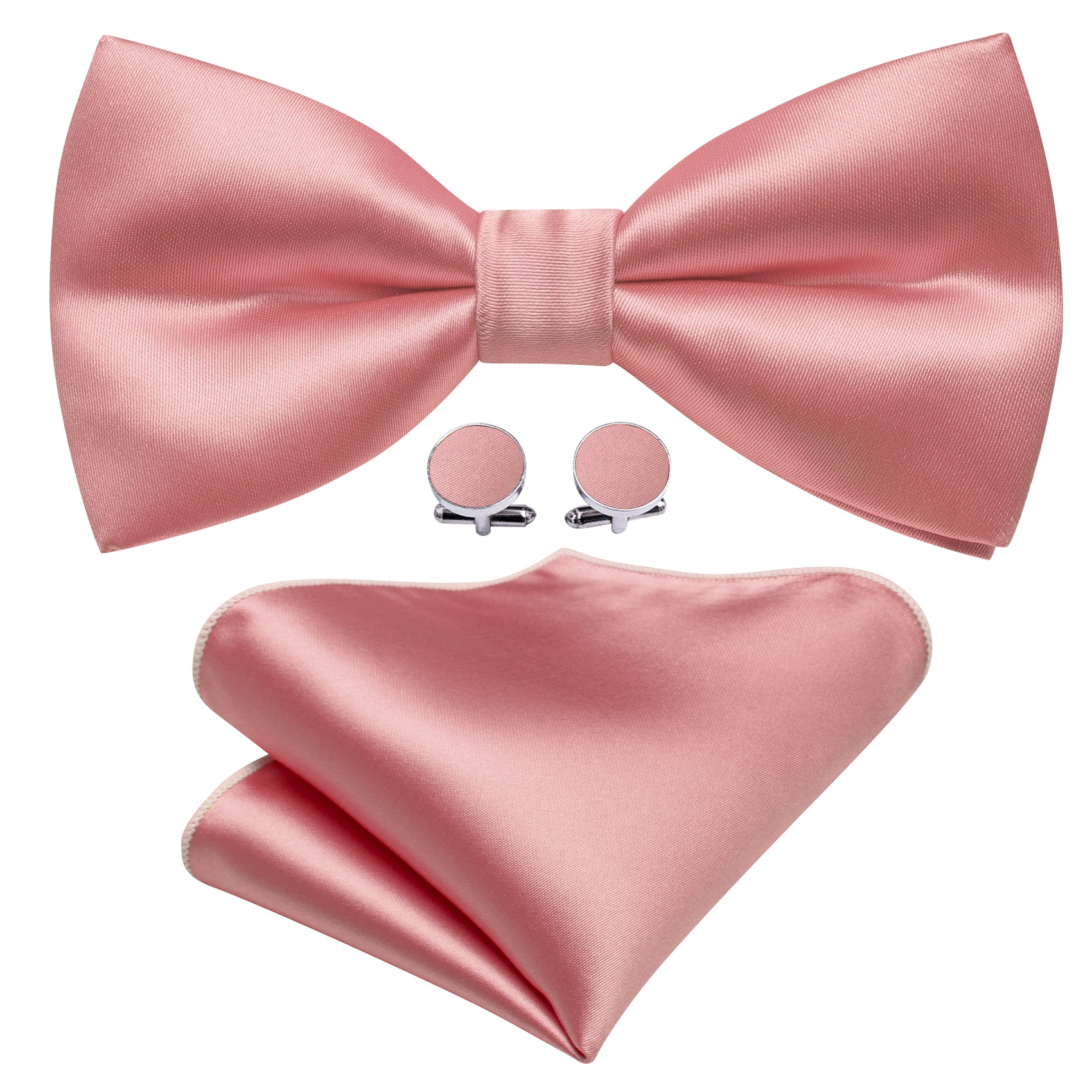 Pink Solid Silk Pre Tied Bow Tie Hanky Cufflinks Set