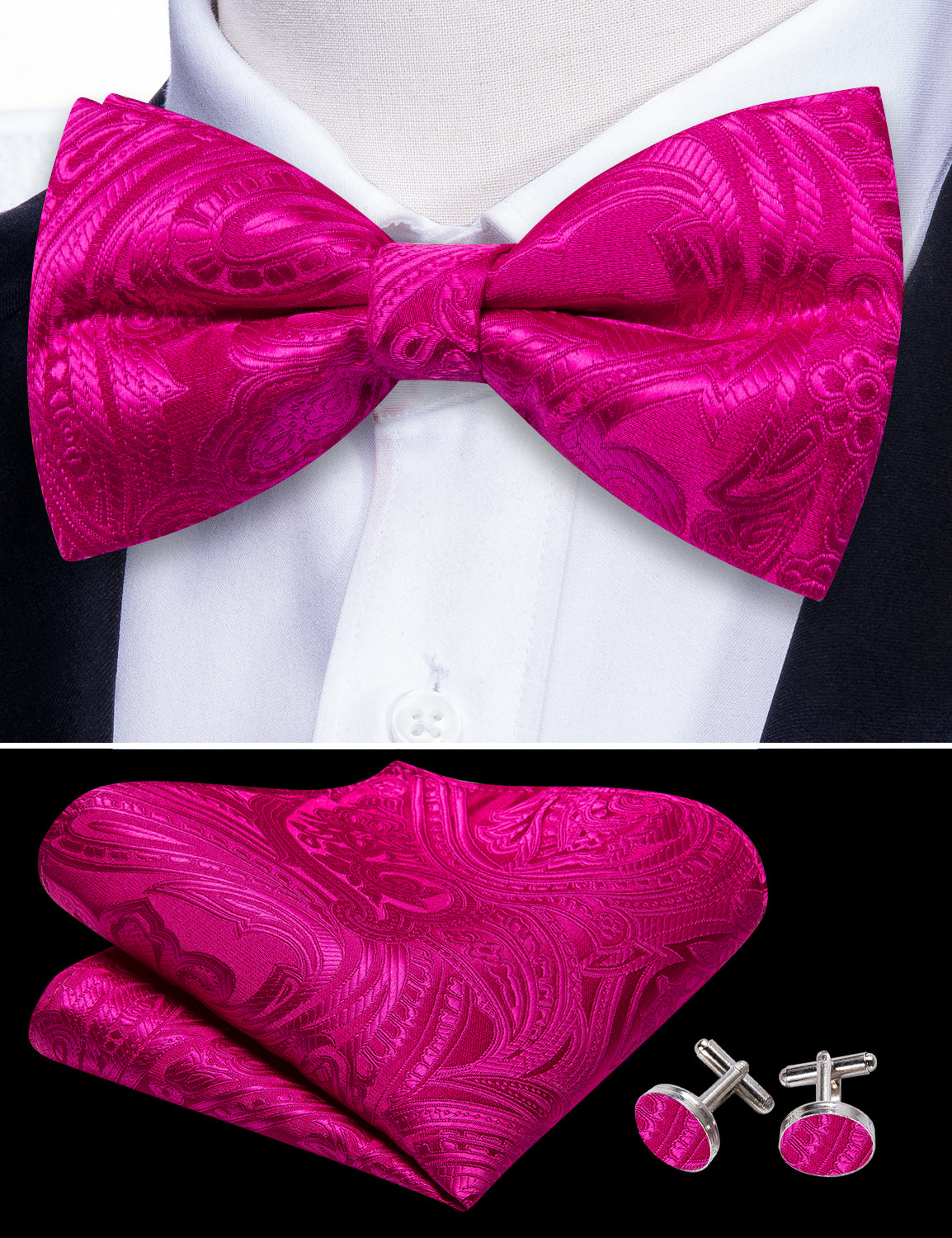 Mens Rose Red Paisley Pre Tied Bow Tie Hanky Cufflinks Set
