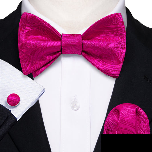 Barry. Wang Hot Pink Bowtie Men's Cufflinks Set Jacquard Floral Self-tied Bow Tie for Formal Tuxedos