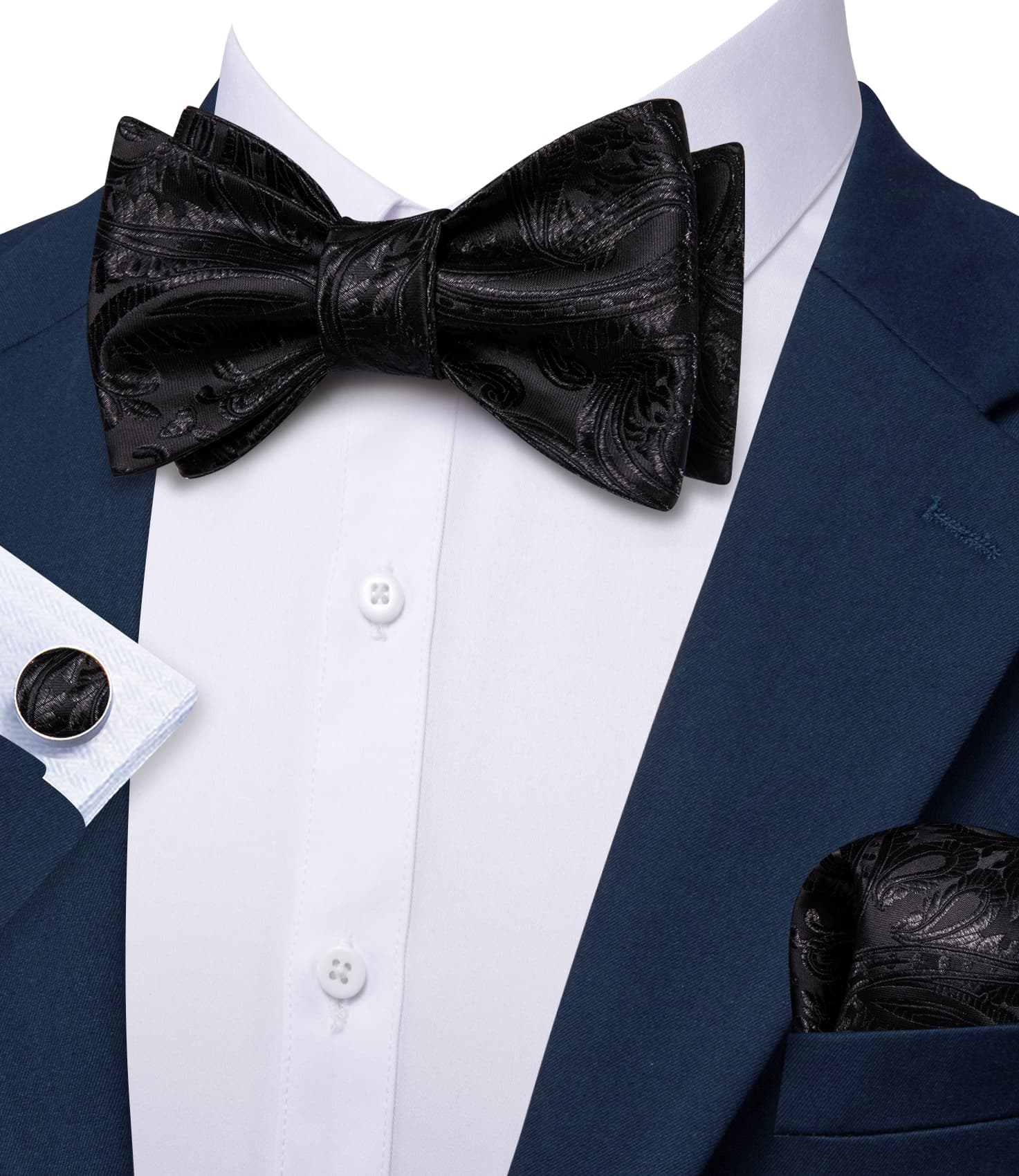 Navy Blue suit and black paisley bow tie foe men wedding 