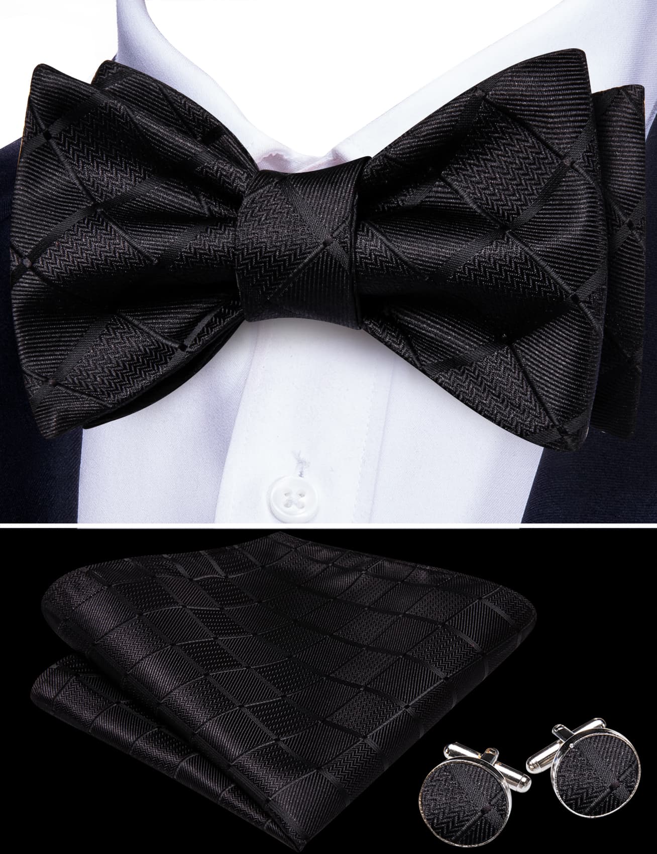 Black suit white shirt black plaid solid bow tie 