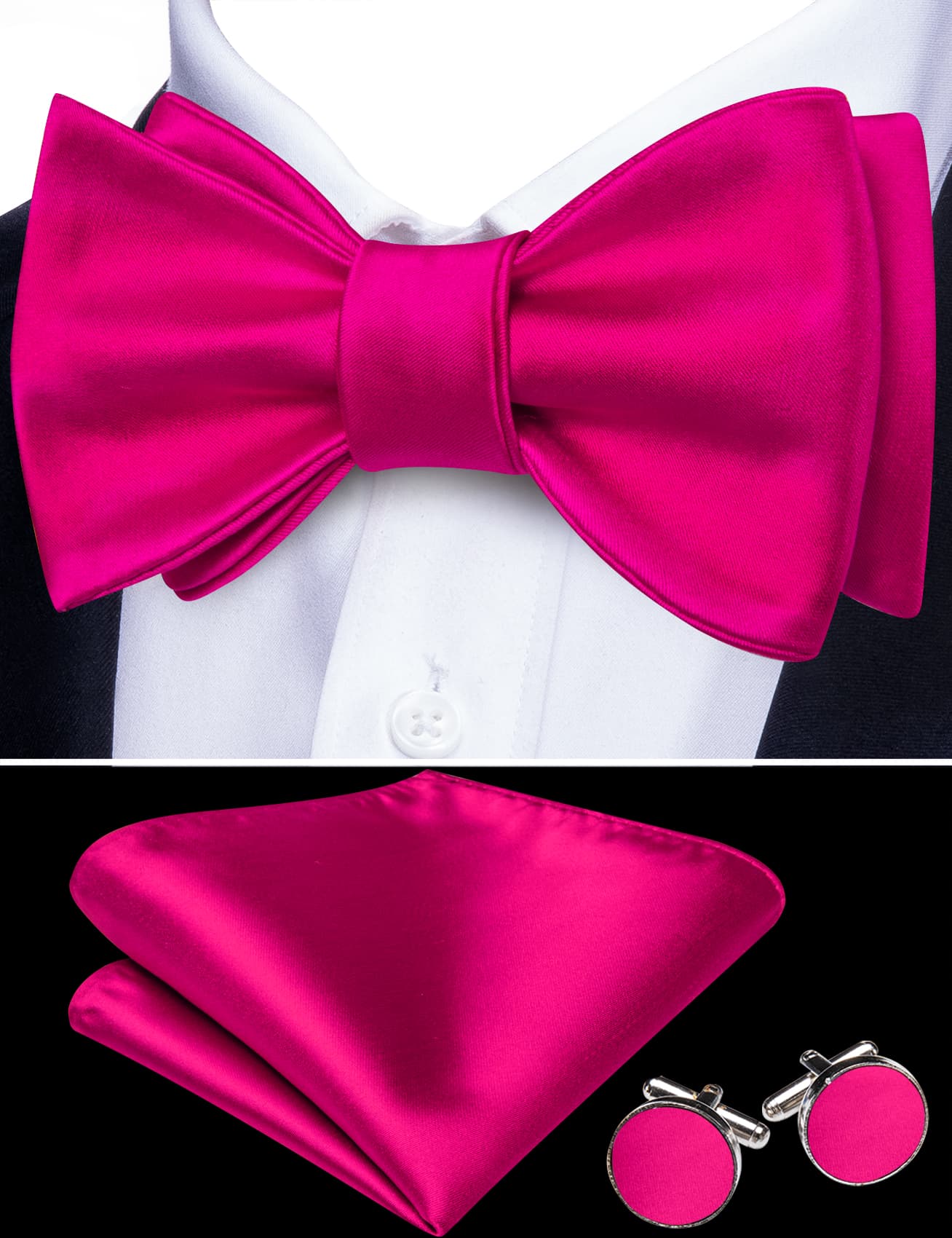 Black suit  whiite shirt deep pink self tie bow tie