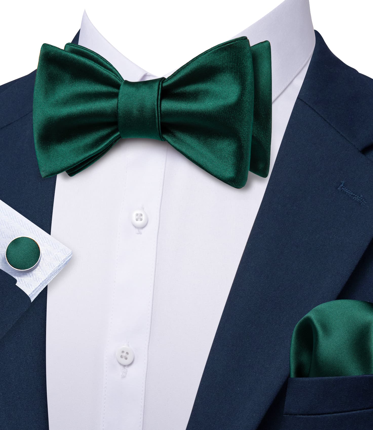 Blue suit white shirt formal dark green bow tie 