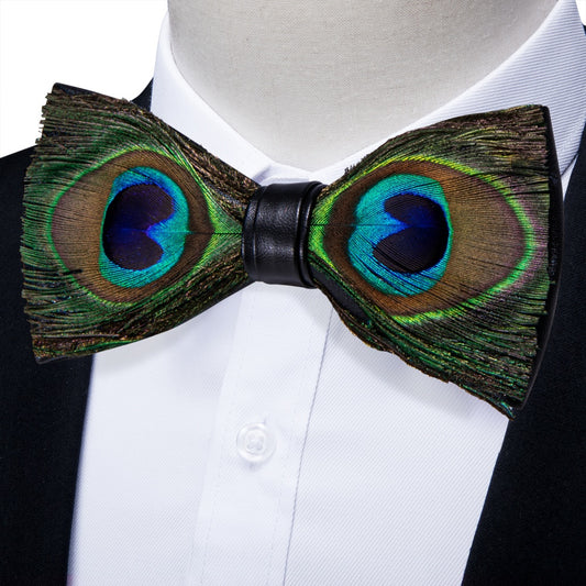 Barry. Wang Green Feather Bowtie Novelty Mens Pre-tied Bowtie Brooch Set