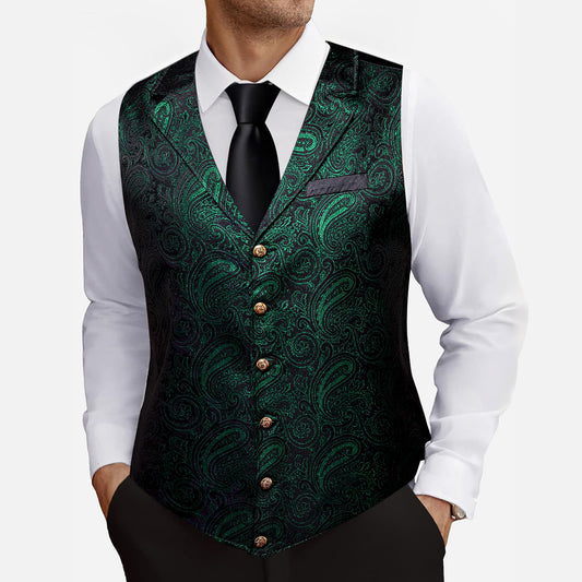Barry. Wang Mens Hunter Green Victorian Vest Paisley Tailored Collar Waistcoat