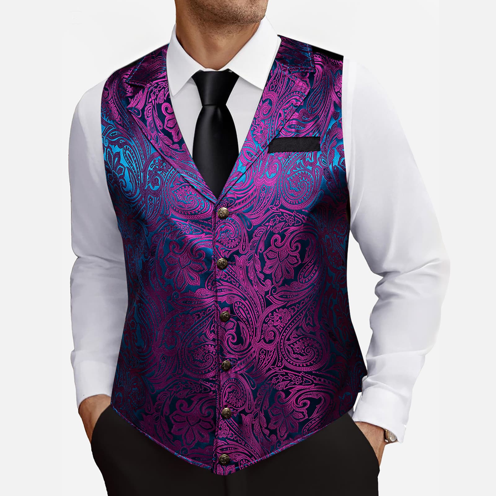 Wang Mens Paisley Victorian Vest Purple Tailored Collar Waistco
