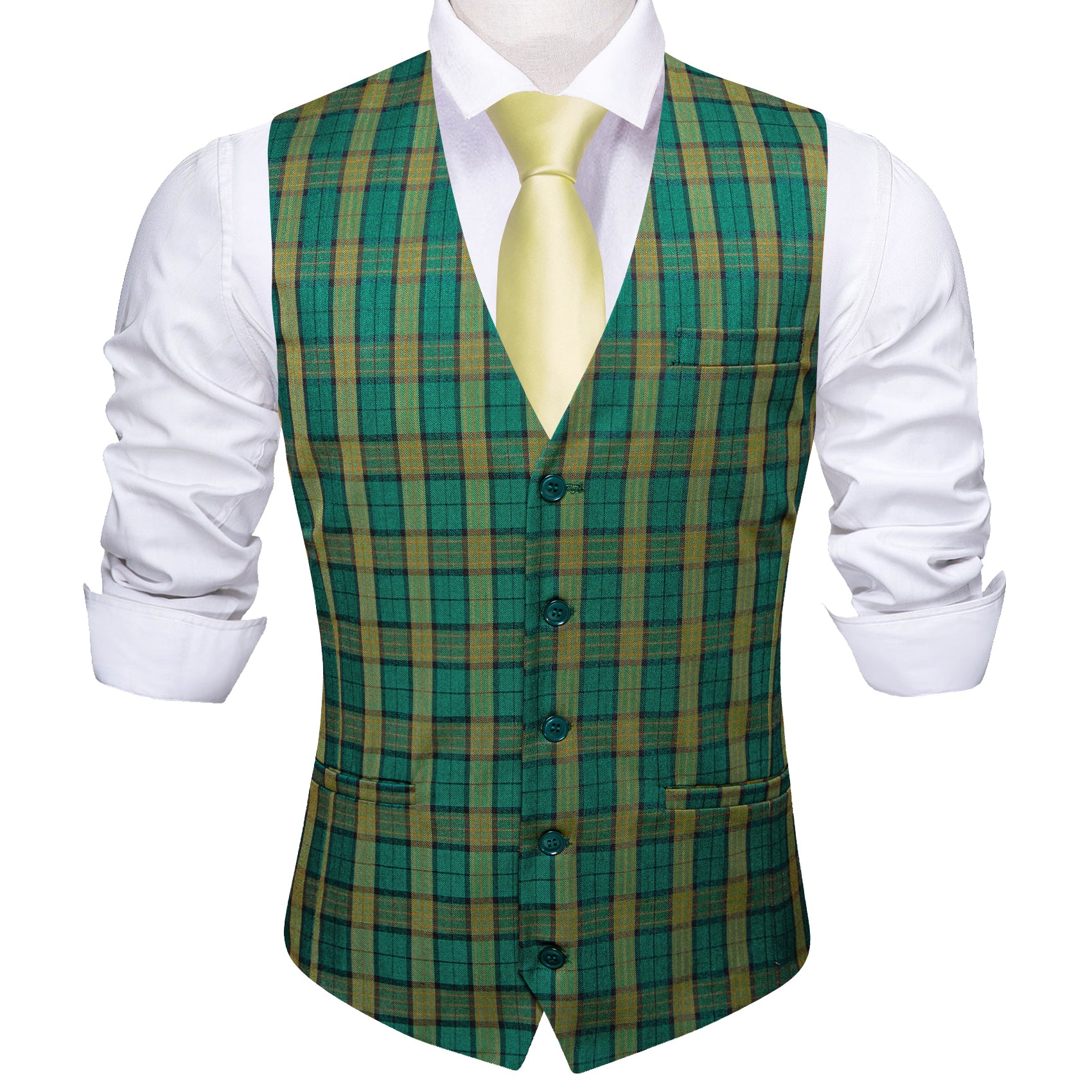 Barry.wang Men's Work Vest Green Yellow Plaid Waistcoat Vest