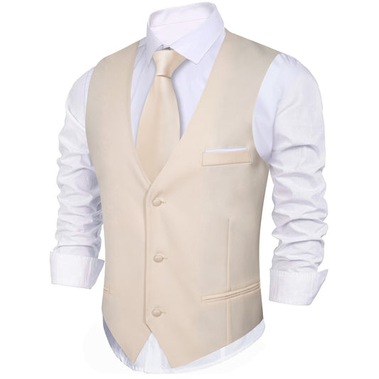 Barry. Wang Mens Dress Waistcoat Ivory Solid V-neck Formal Business Vest