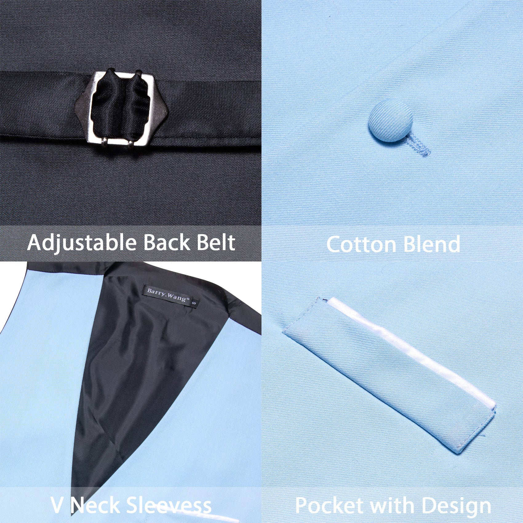 Light Blue Solid Necktie Bowtie Hanky Cufflinks Waistcoat Vest Set