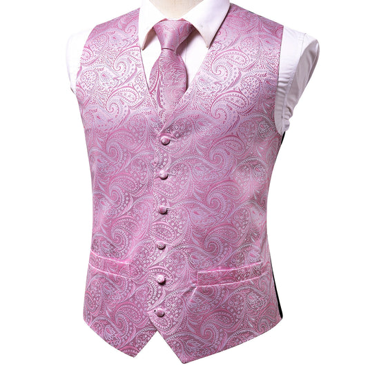 Barry. Wang Pink Paisley Silk Mens Vest Hanky Cufflinks Tie Set Waistcoat Suit Set