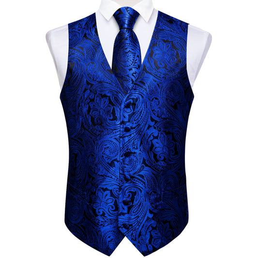 Barry. Wang Blue Jacquard Vest Mens Silk Waistcoat Necktie Handkerchief Cufflinks Set