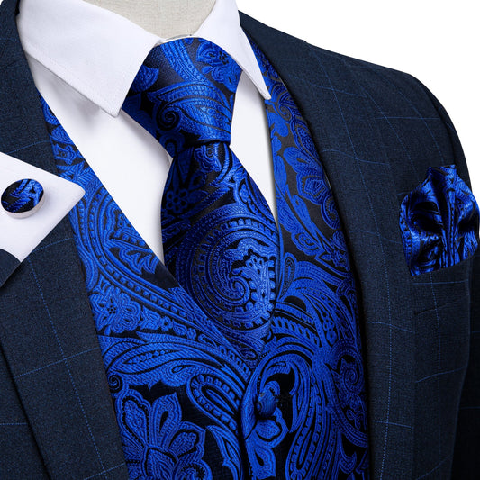 Barry. Wang Blue Jacquard Vest Mens Silk Waistcoat Necktie Handkerchief Cufflinks Set