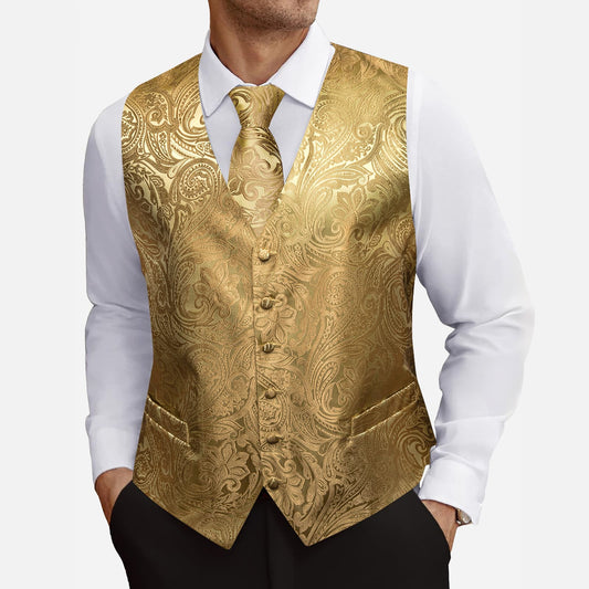 Barry. Wang Mens Gold Paisley Vest Suit Silk Wedding Waistcoat Tie Hanky Cufflinks Set