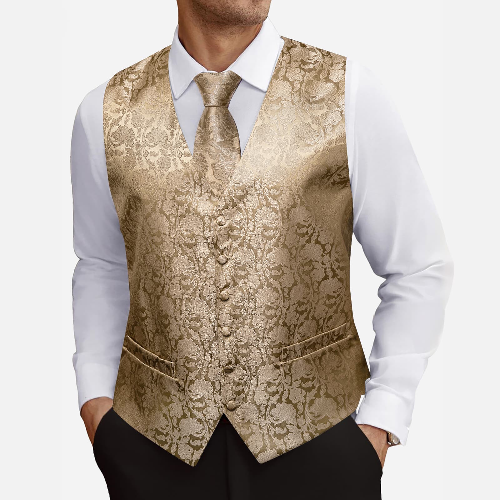 Men's Vest Champagne Gold Floral Silk Vest Tie Set Wedding
