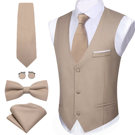 Barry. Wang Mens Khaki Suit Vest Solid Dress Vest Necktie Bowtie Hanky Cufflinks Set