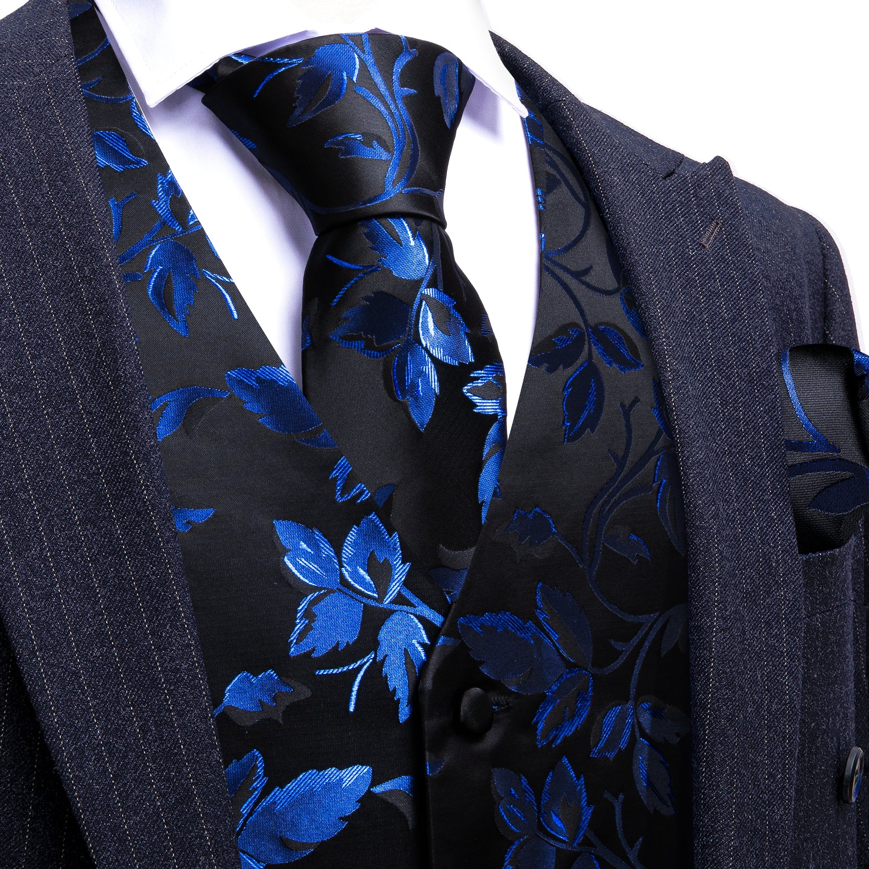 Black Blue Floral Silk Tie Waistcoat Vest