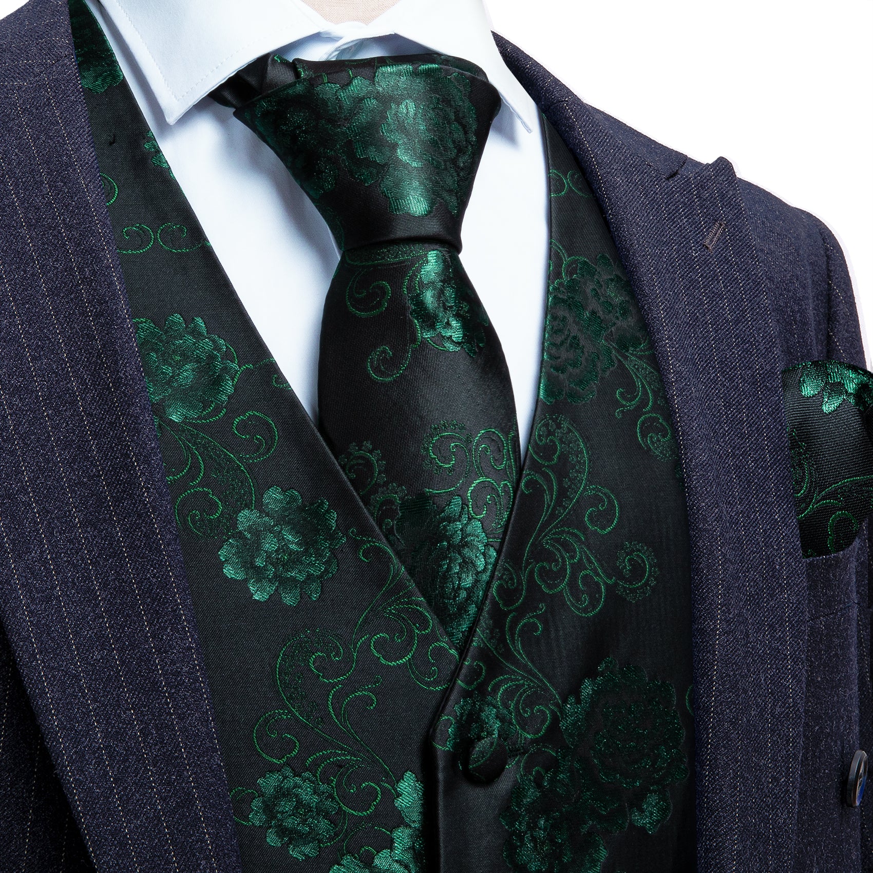 BarryWang Men's Black Green Flower Silk Tie Waistcoat Vest Tie Set Barry. Wang BarryWang Men's Black Green Flower Silk Tie Waistcoat Vest Tie Set Barry. Wang