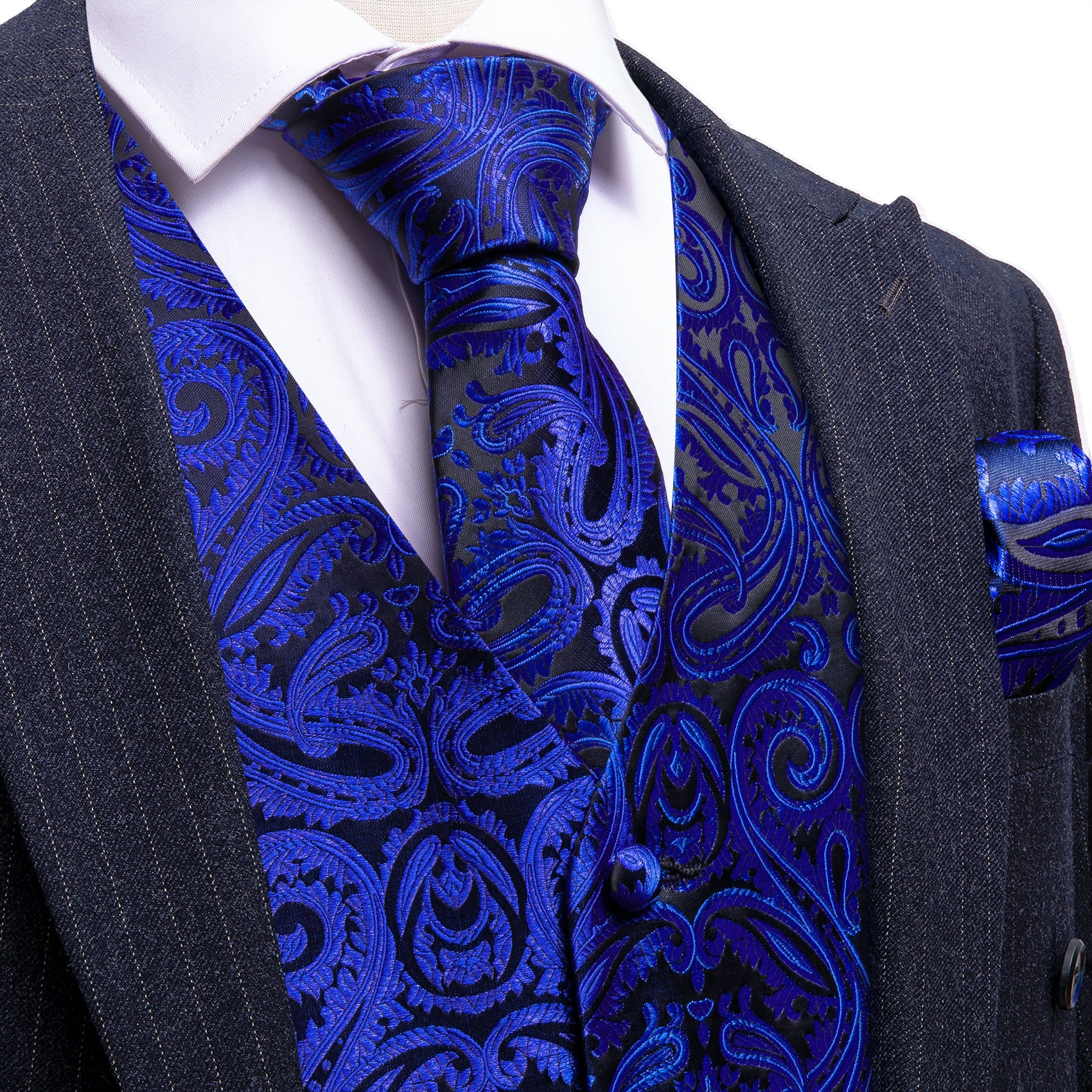 Cobalt Blue Black Paisley Silk Vest Tie Pocket square Cufflinks Set