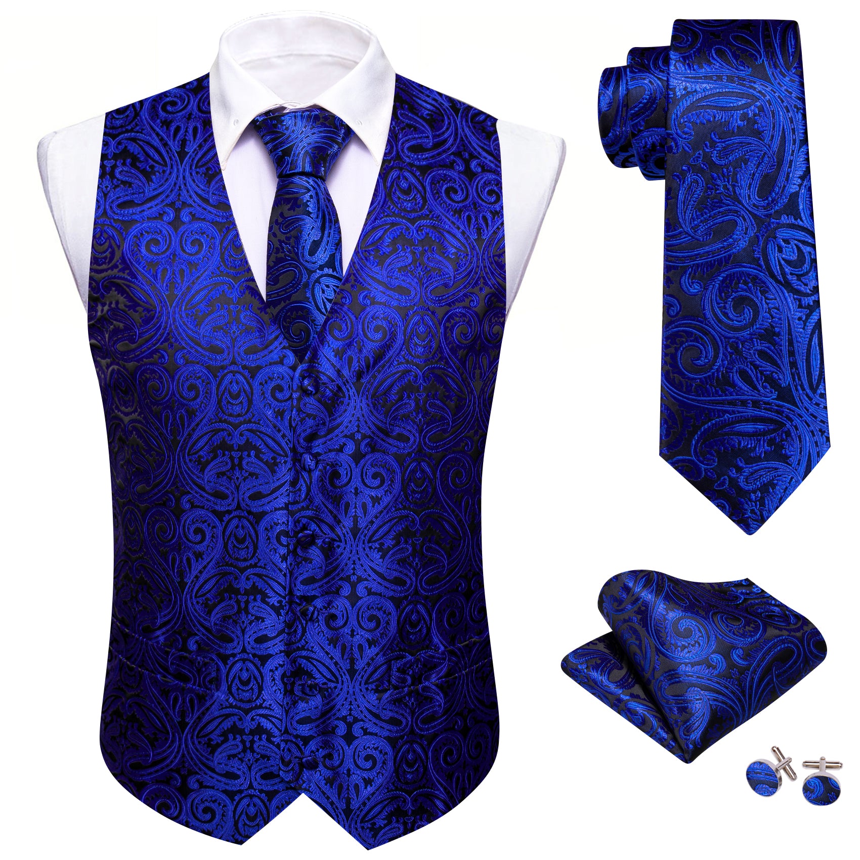 Cobalt Blue Black Paisley Silk Vest Tie Pocket square Cufflinks Set