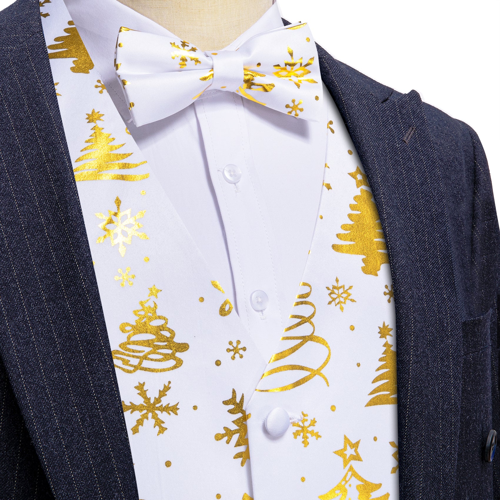 Christmas White Gold Xmas Pattern Waistcoat Vest Bowtie Set