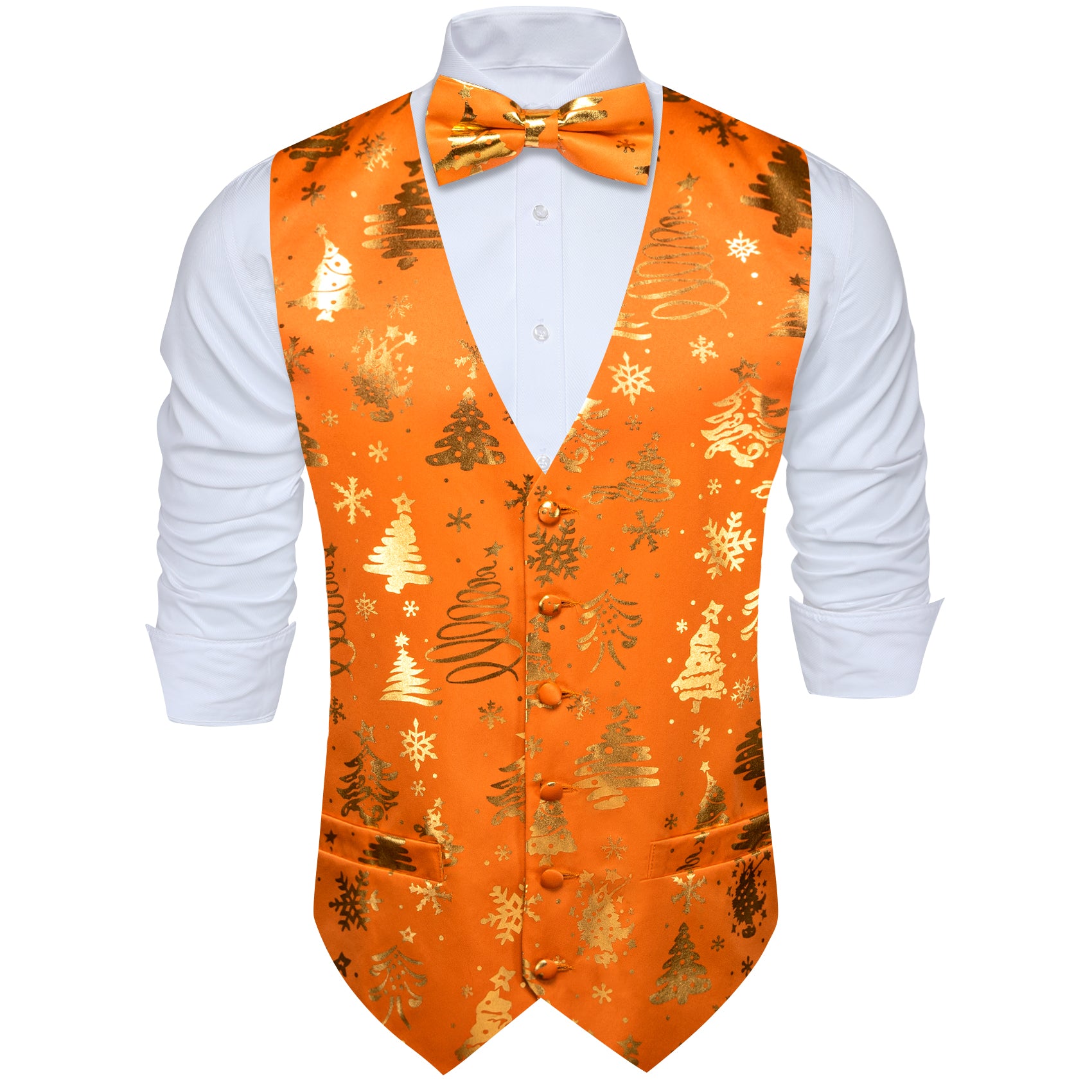 Barry. Wang Christmas Orange Gold Xmas Pattern Waistcoat Vest Bowtie Set