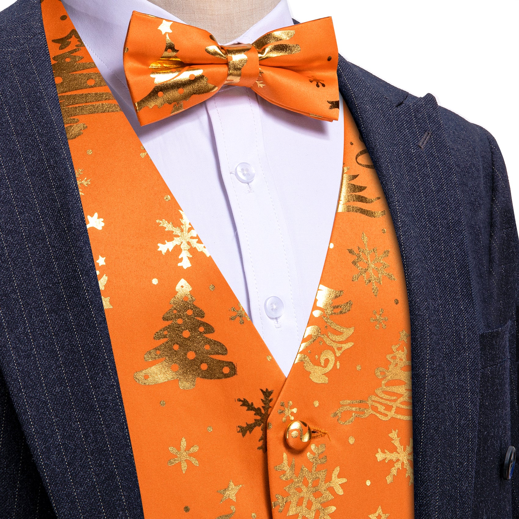 Barry. Wang Christmas Orange Gold Xmas Pattern Waistcoat Vest Bowtie Set