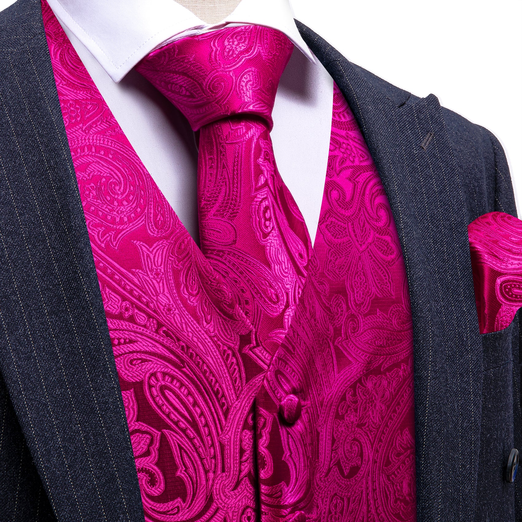 Barry. Wang Mens Hot Pink Suit Waistcoat Floral Dress Vest Necktie Pocket Square Set, 2XL Barry. Wang Mens Hot Pink Suit Waistcoat Floral Dress Vest Necktie Pocket Square Set, 2XL
