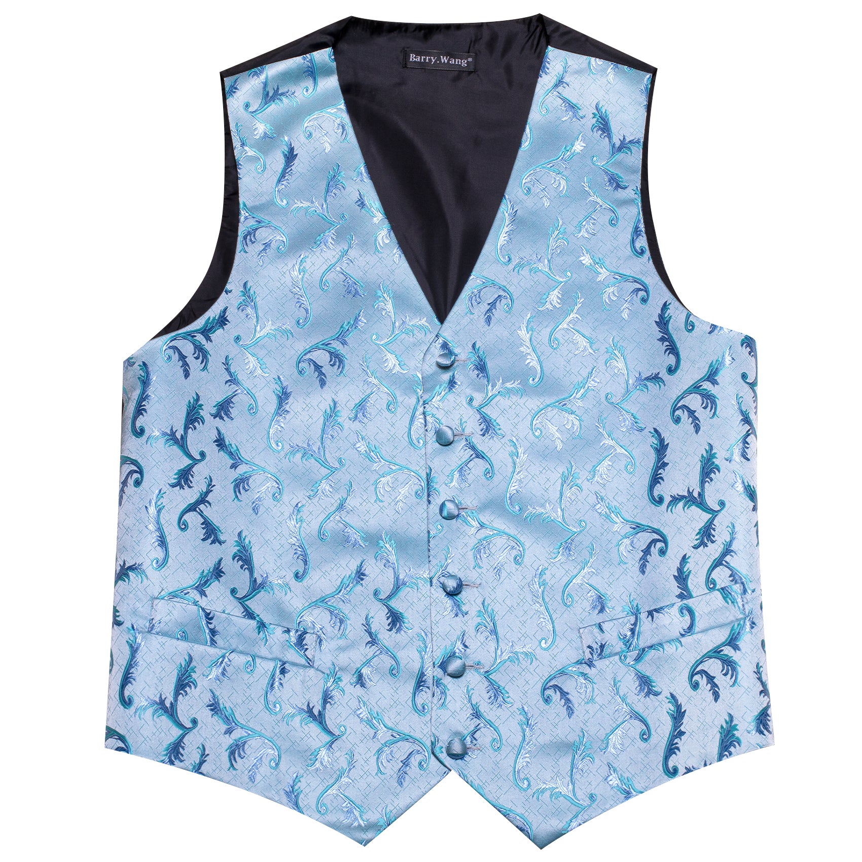 Beautiful Blue Floral Silk Vest Tie Pocket square Cufflinks Set