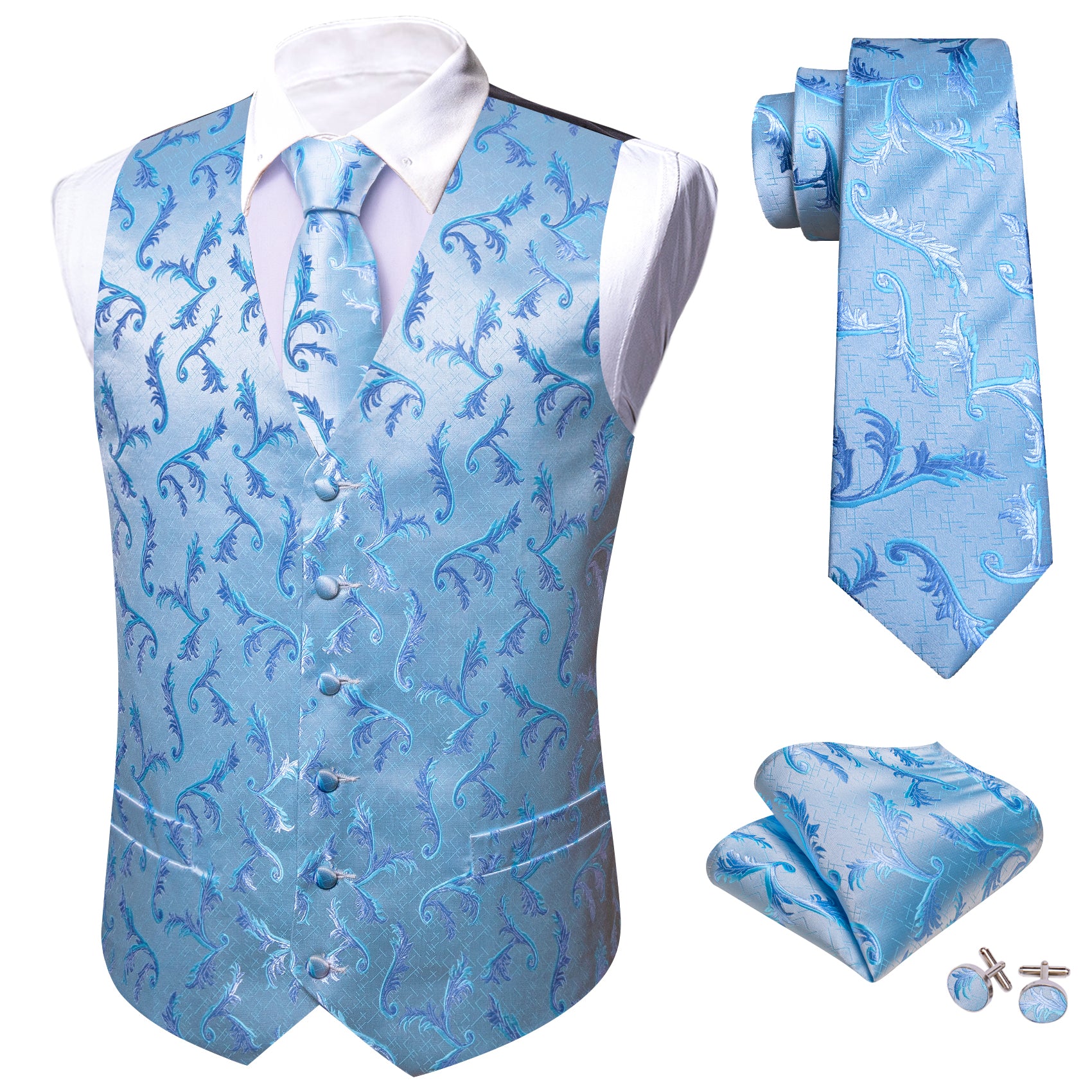 Beautiful Blue Floral Silk Vest Tie Pocket square Cufflinks Set