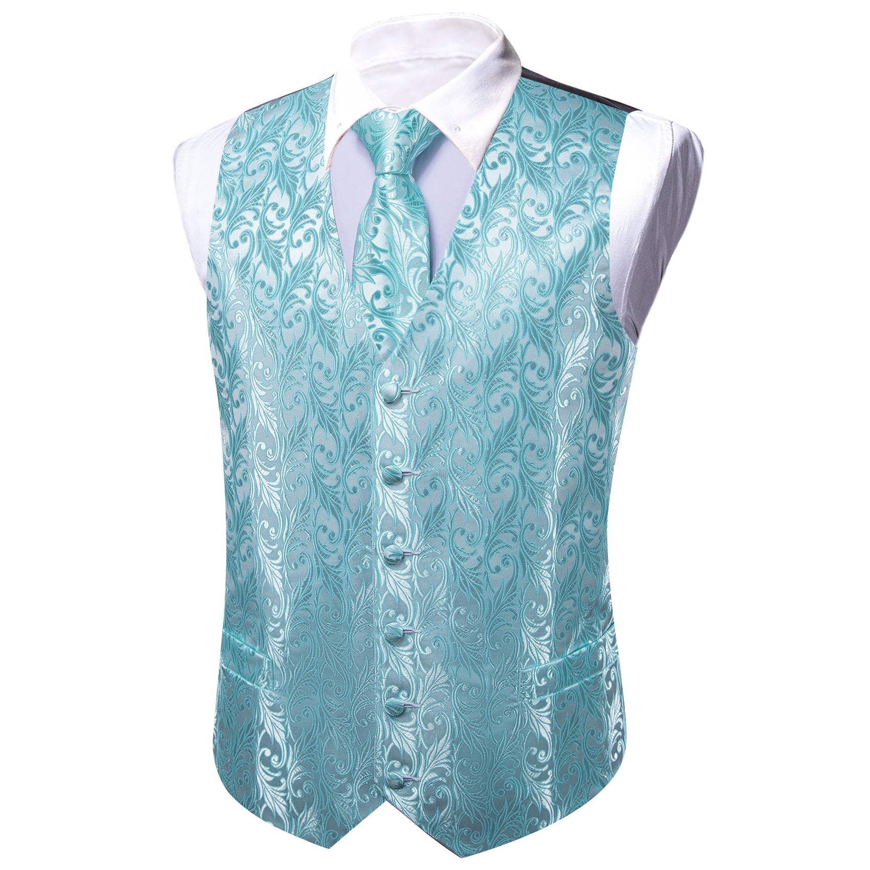 Barry.wang Men's Vest Aqua Floral Silk Vest Tie Hanky Cufflinks Set Fashion