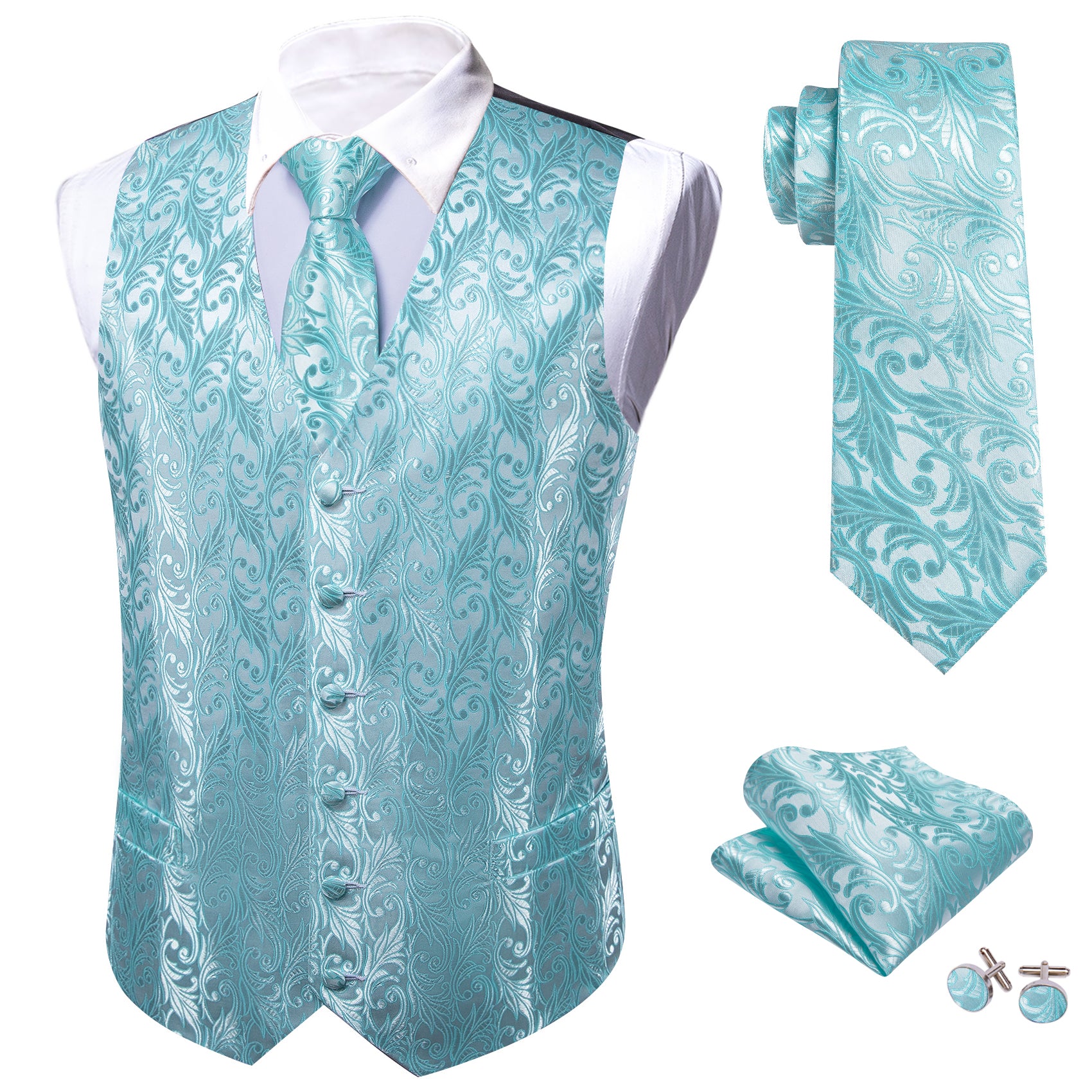 Barry.wang Men's Vest Aqua Floral Silk Vest Tie Hanky Cufflinks Set Fashion