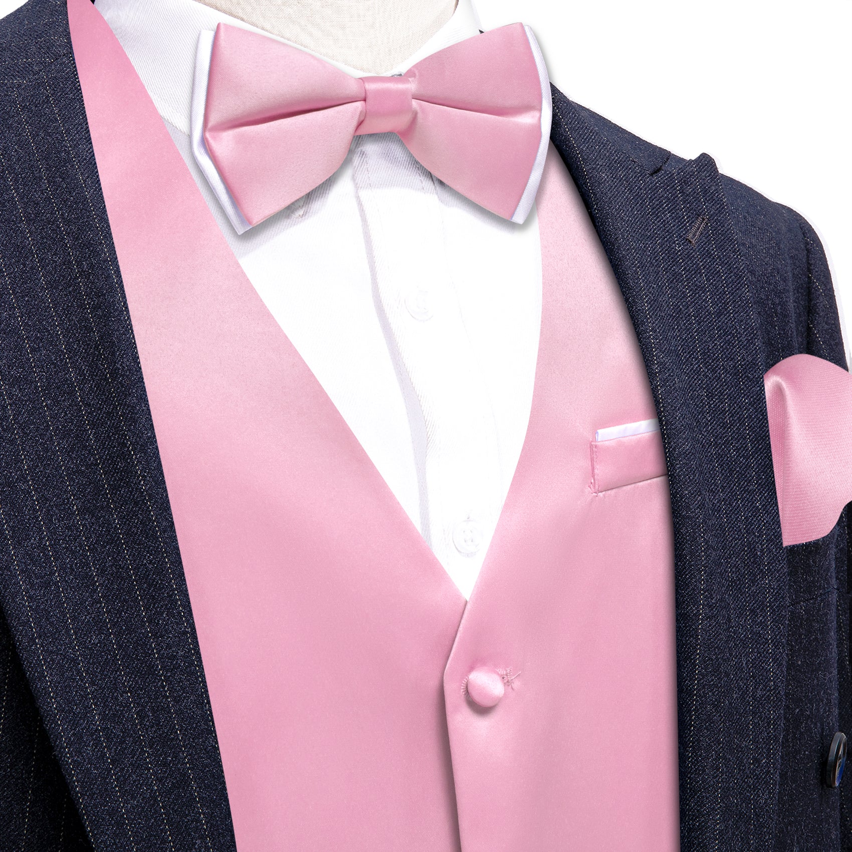 Pink Solid Silk Vest Bowtie Pocket Square Cufflinks Set
