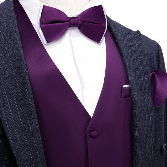 Purple Solid Silk Vest Bowtie Pocket Square Cufflinks Set