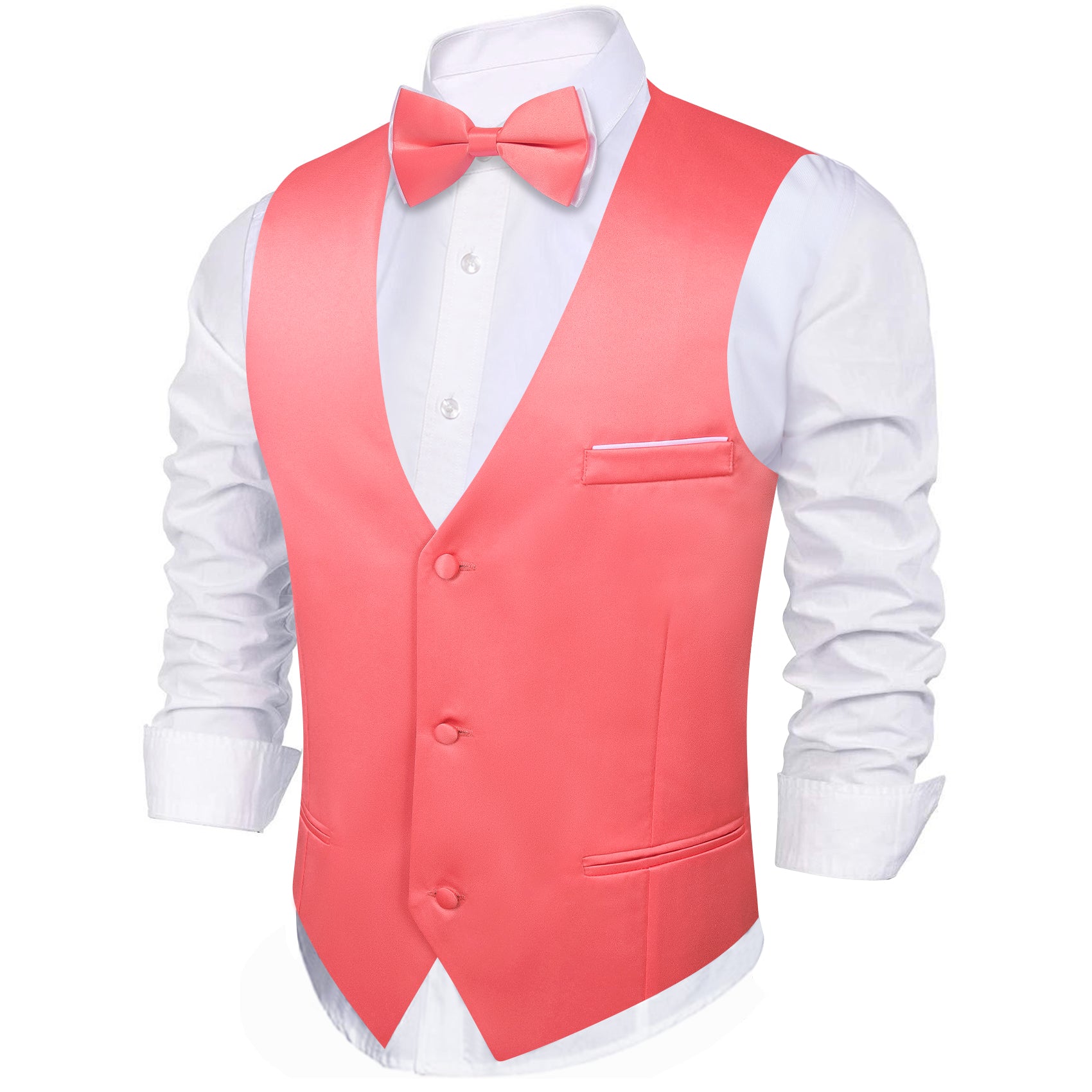Wang Light Coral Solid Silk Vest Bowtie Pocket Square Cufflinks