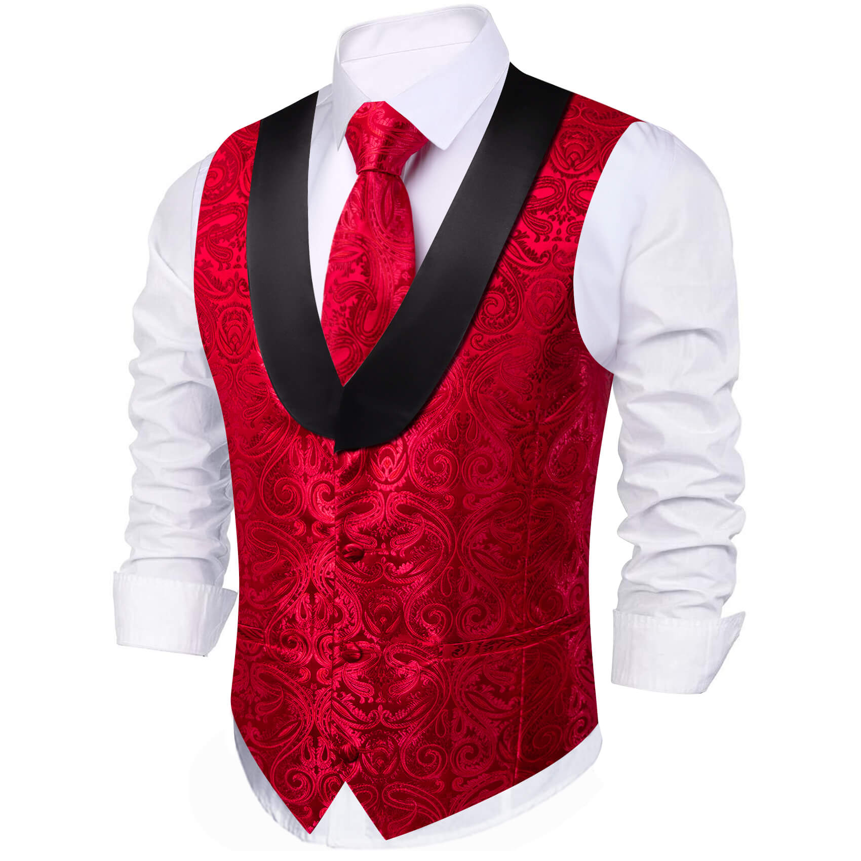 Red Jacquard Paisley Shawl Collar Vest 