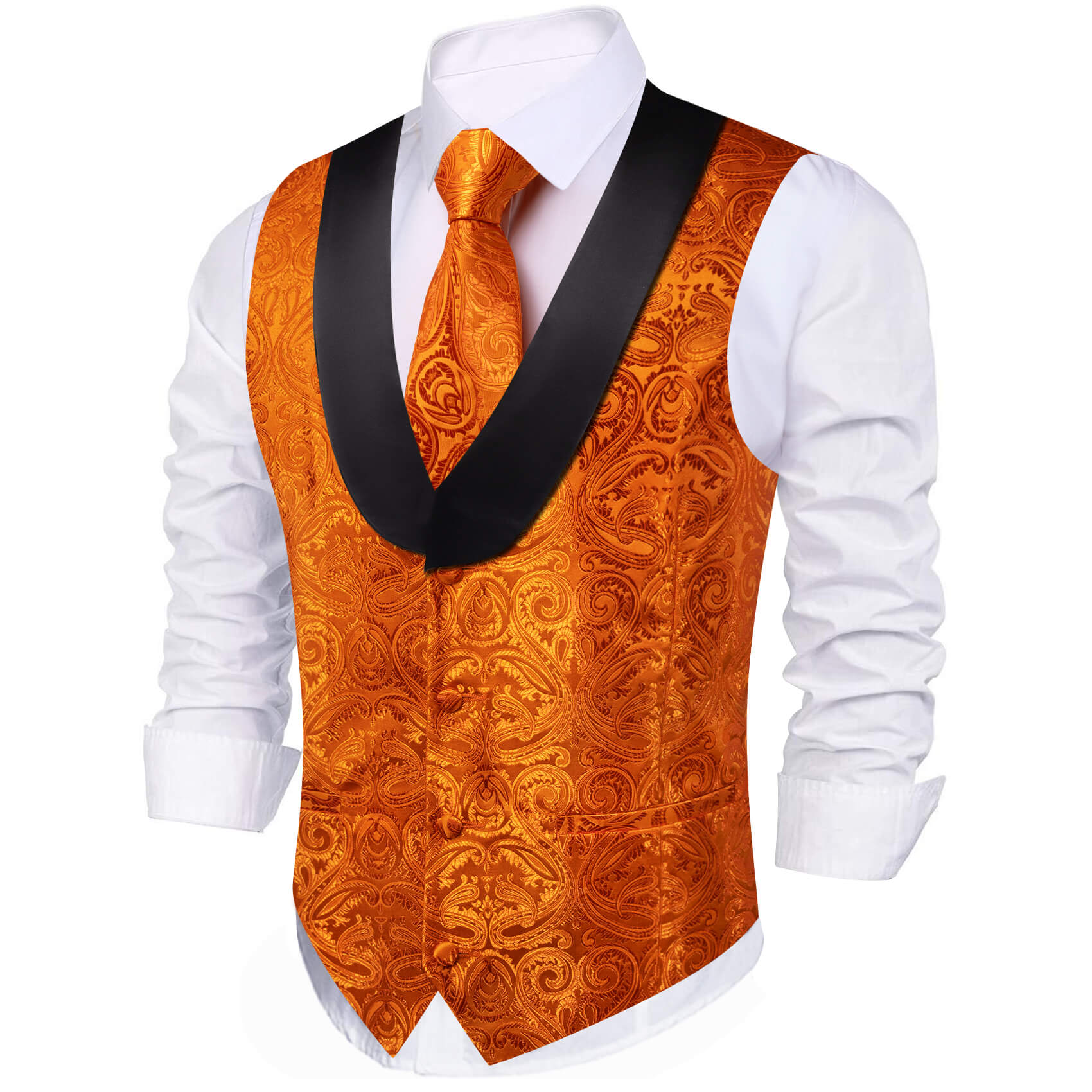  Men's Vest Fire Orange Paisley Shawl Collar Silk Vest