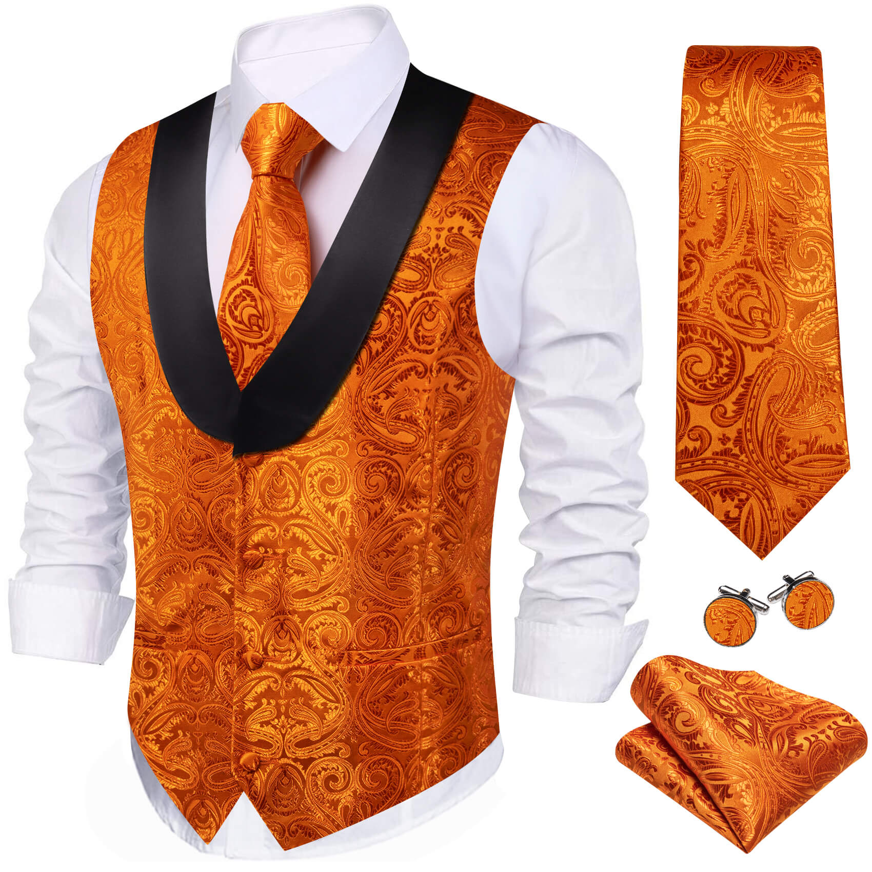 Barry.wang Men's Vest Fire Orange Paisley Shawl Collar Silk Vest Tie Set
