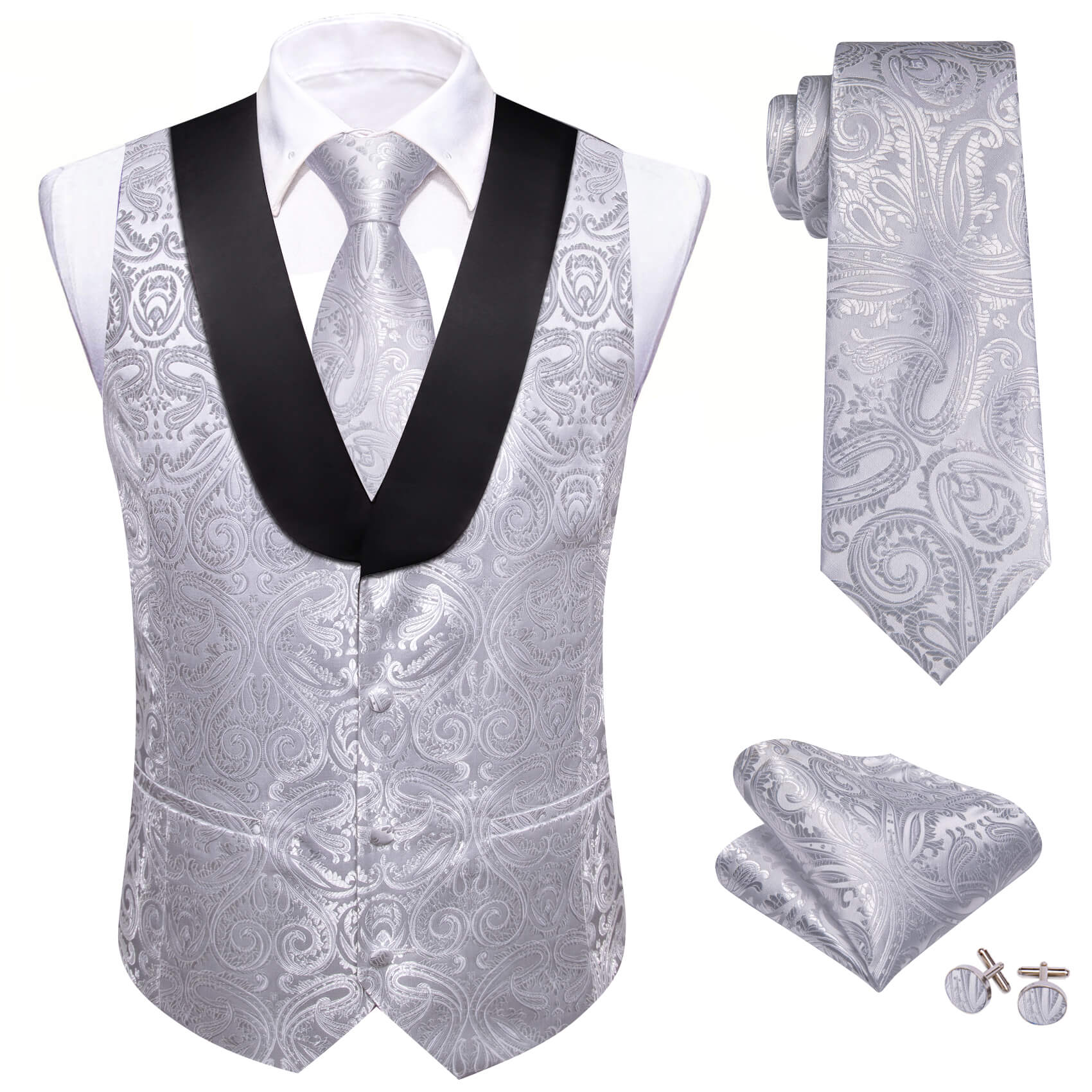 Barry.wang Shawl Collar Vest Light Gray Paisley Mens Silk Vest Tie Set